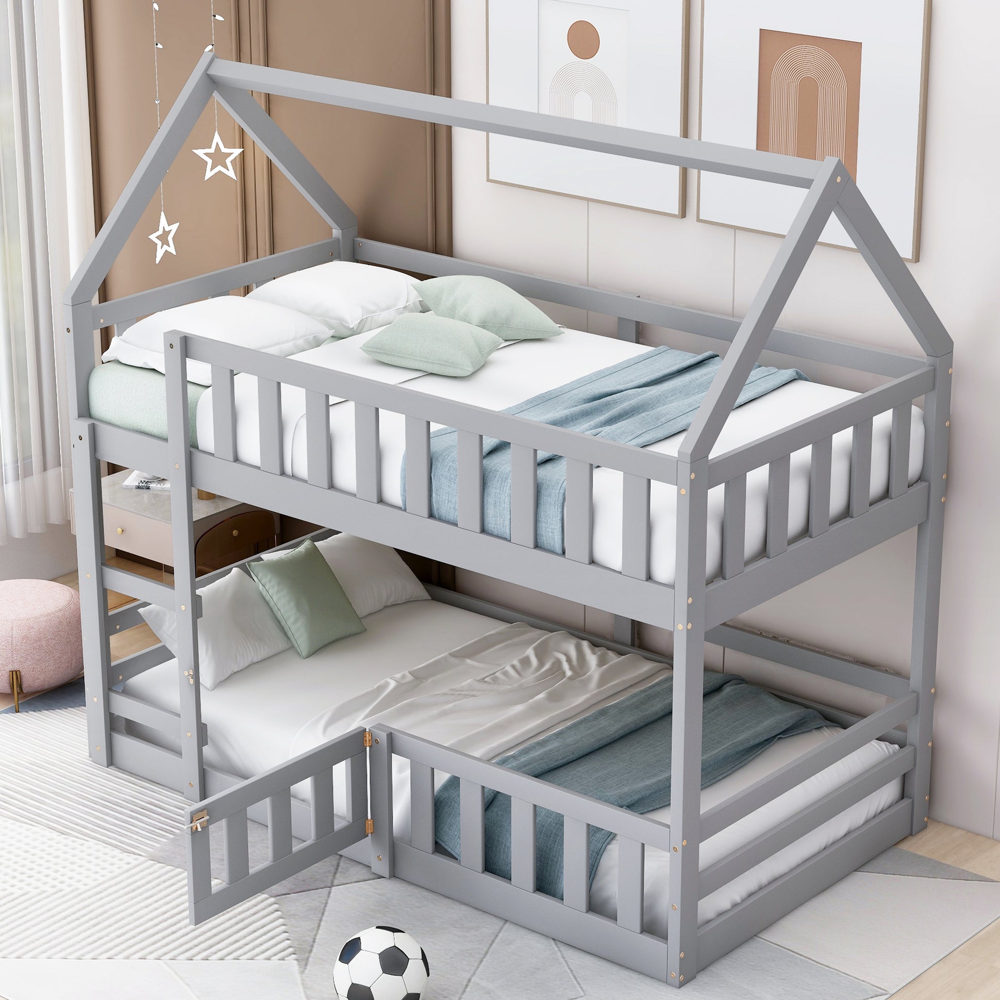 Twin over Twin House Bunk Bed with Fence and Door, Gray(Old SKU:WF313047AAE) image 2