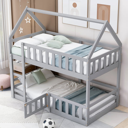 Twin over Twin House Bunk Bed with Fence and Door, Gray(Old SKU:WF313047AAE) image 2