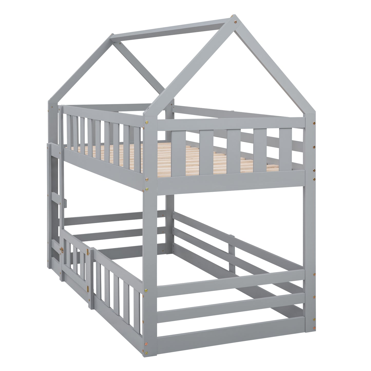 Twin over Twin House Bunk Bed with Fence and Door, Gray(Old SKU:WF313047AAE) image 6