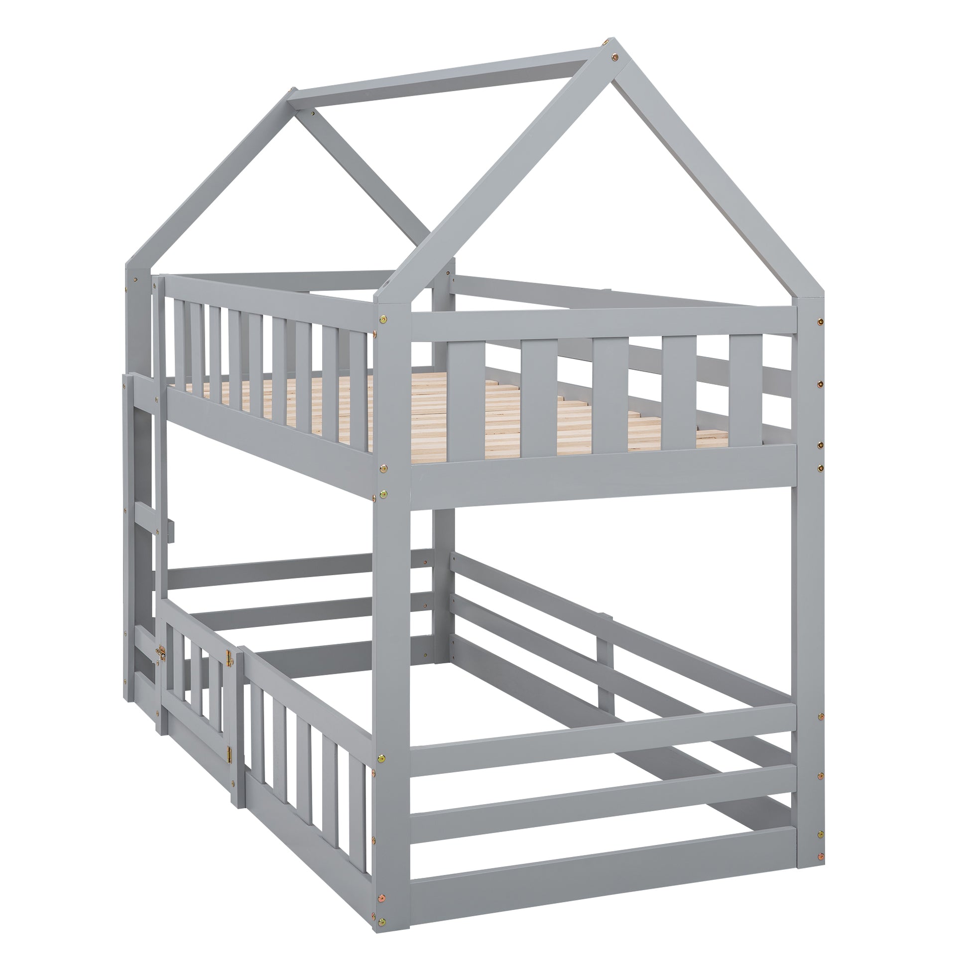 Twin over Twin House Bunk Bed with Fence and Door, Gray(Old SKU:WF313047AAE) image 6