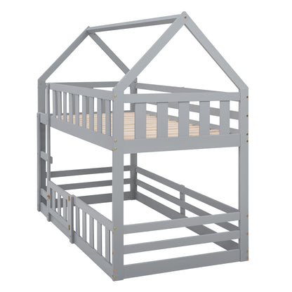 Twin over Twin House Bunk Bed with Fence and Door, Gray(Old SKU:WF313047AAE) image 6