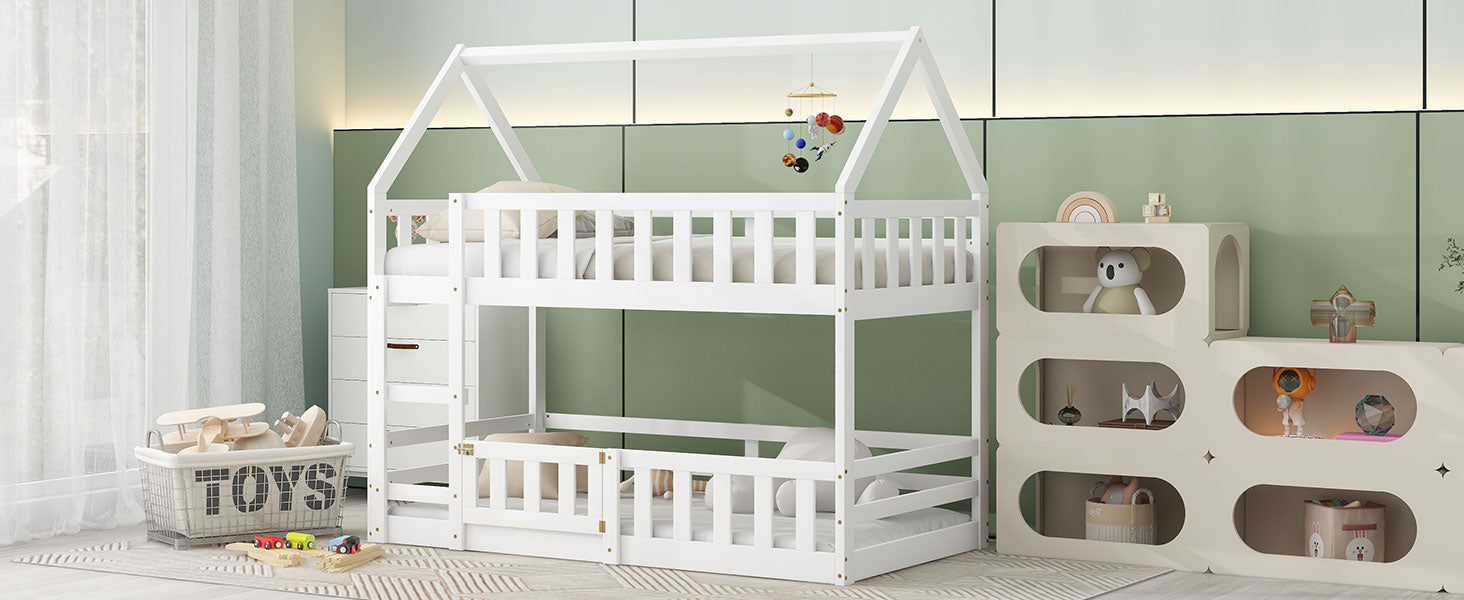 Twin over Twin House Bunk Bed with Fence and Door, White(Old SKU:WF313047AAK) image 5