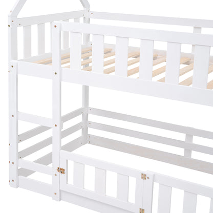 Twin over Twin House Bunk Bed with Fence and Door, White(Old SKU:WF313047AAK) image 8
