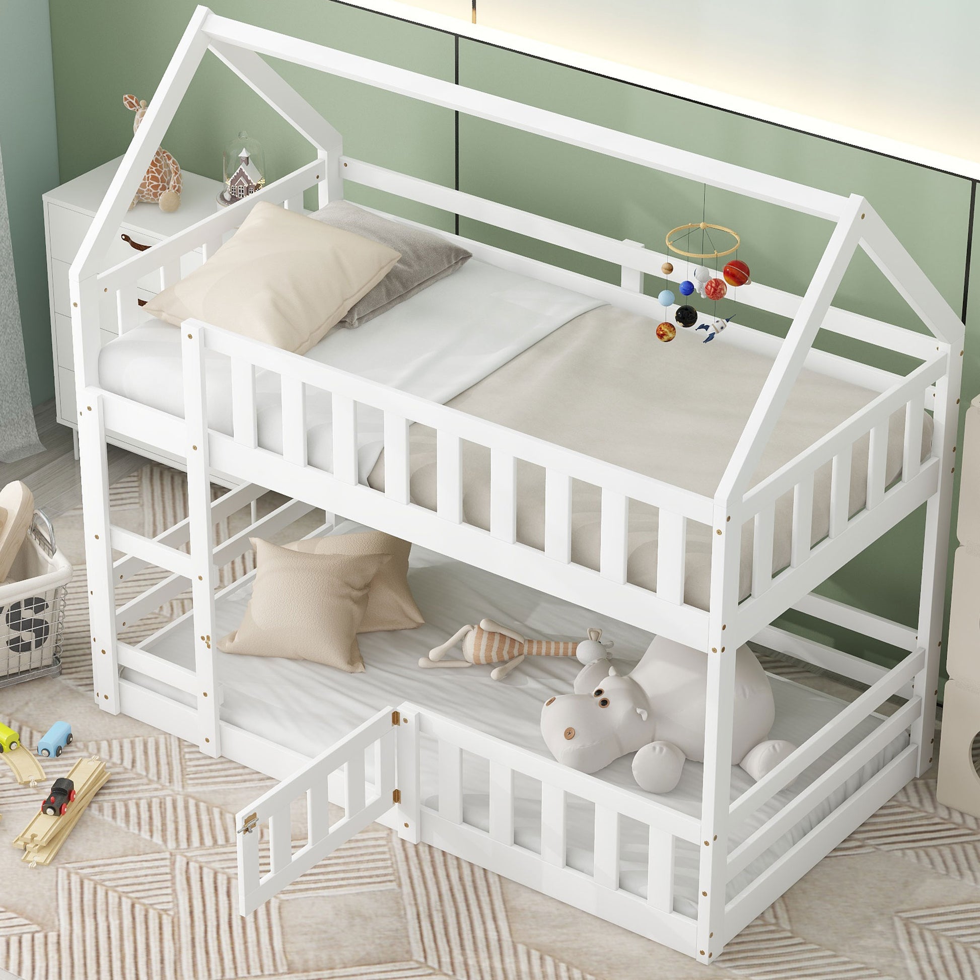 Twin over Twin House Bunk Bed with Fence and Door, White(Old SKU:WF313047AAK) image 2