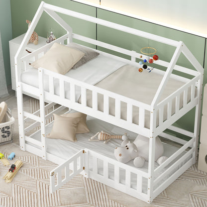 Twin over Twin House Bunk Bed with Fence and Door, White(Old SKU:WF313047AAK) image 2