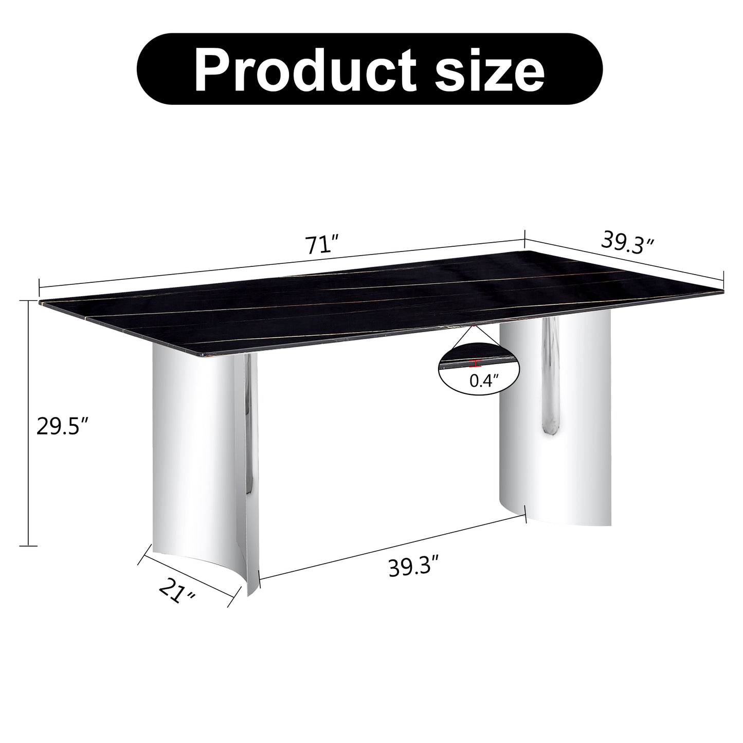 Modern minimalist dining table. The black imitation marble glass desktop is equipped with silver metal legs. Suitable for restaurants and living rooms 71 "* 39.3" * 29.5 "DT-69 image 4