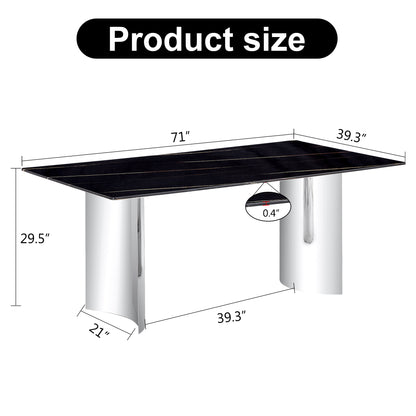 Modern minimalist dining table. The black imitation marble glass desktop is equipped with silver metal legs. Suitable for restaurants and living rooms 71 "* 39.3" * 29.5 "DT-69 image 4