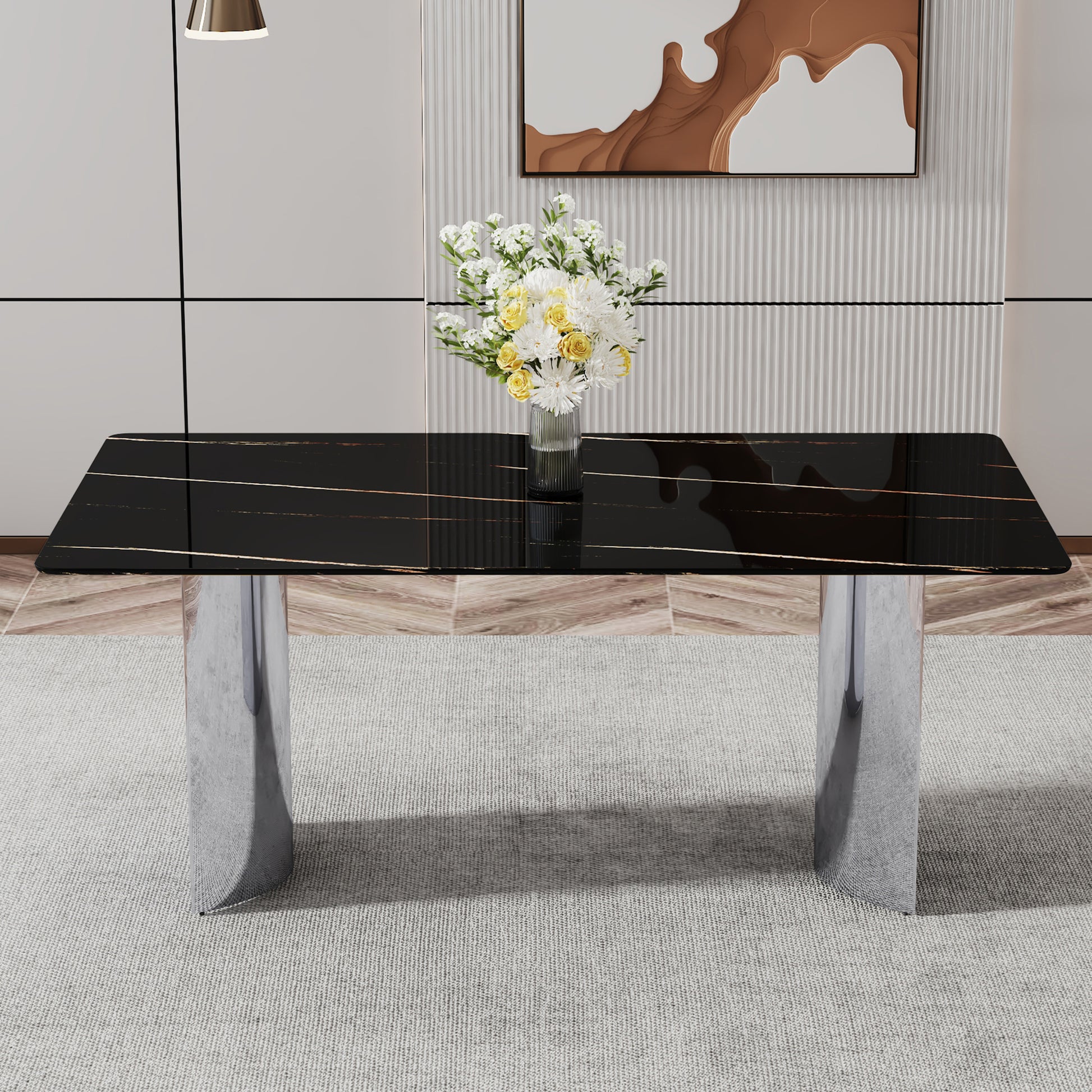 Modern minimalist dining table. The black imitation marble glass desktop is equipped with silver metal legs. Suitable for restaurants and living rooms 71 "* 39.3" * 29.5 "DT-69 image 3
