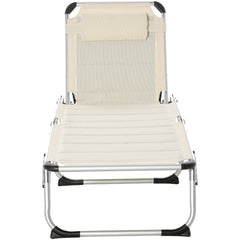 Foldable Outdoor Chaise Lounge Chair, 5-Level Reclining Camping Tanning Chair with Aluminum Frame, Padding, and Headrest for Beach, Yard, Patio, Pool, White