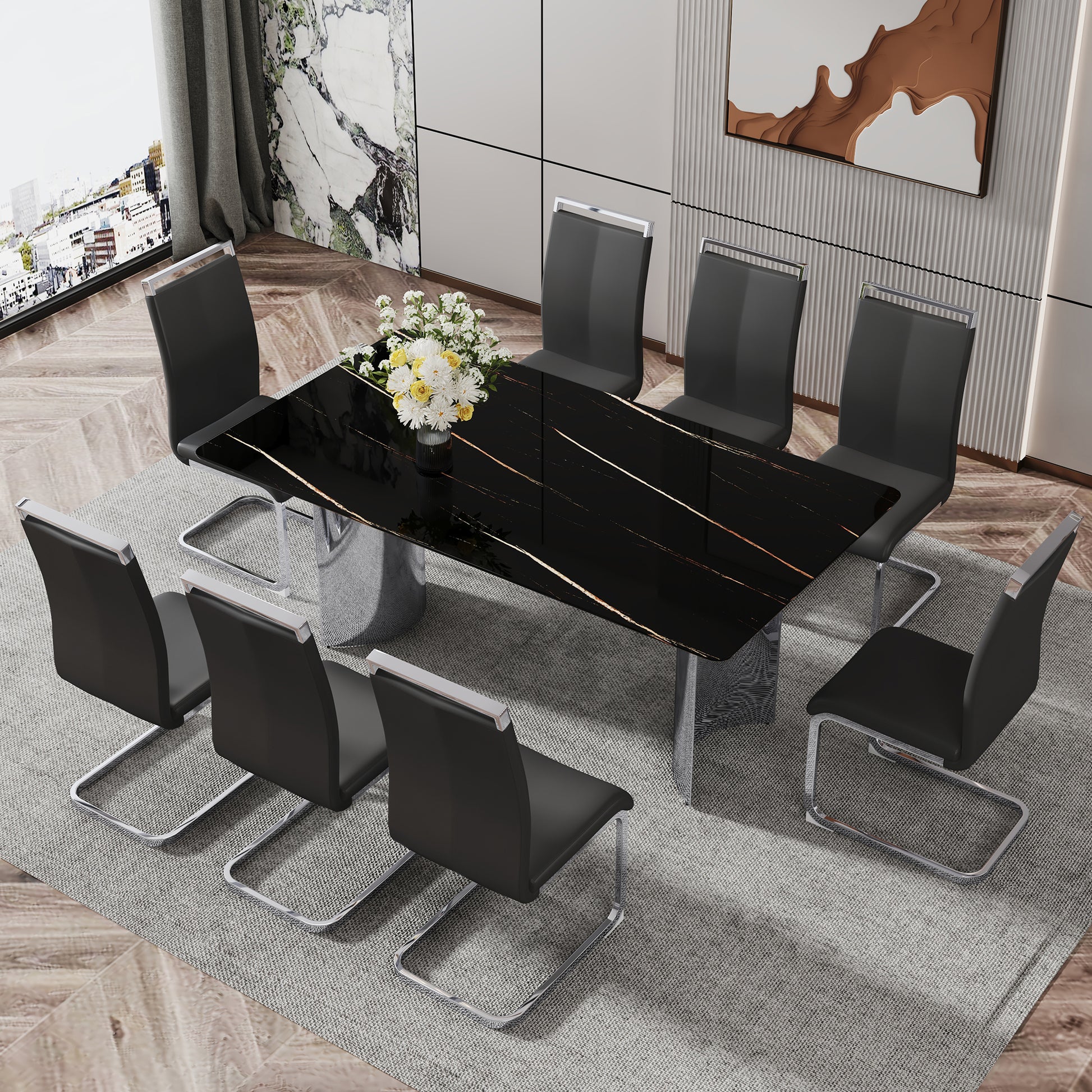 Modern minimalist dining table. The black imitation marble glass desktop is equipped with silver metal legs. Suitable for restaurants and living rooms 71 "* 39.3" * 29.5 "DT-69 image 6
