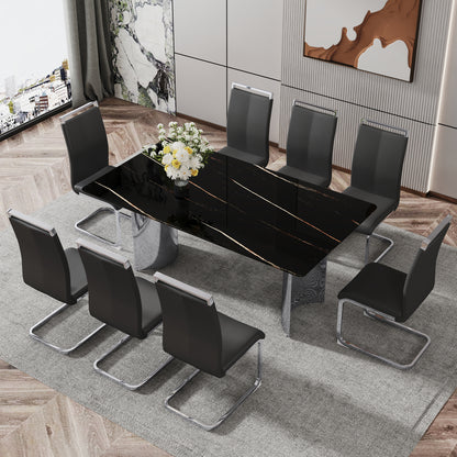 Modern minimalist dining table. The black imitation marble glass desktop is equipped with silver metal legs. Suitable for restaurants and living rooms 71 "* 39.3" * 29.5 "DT-69 image 6