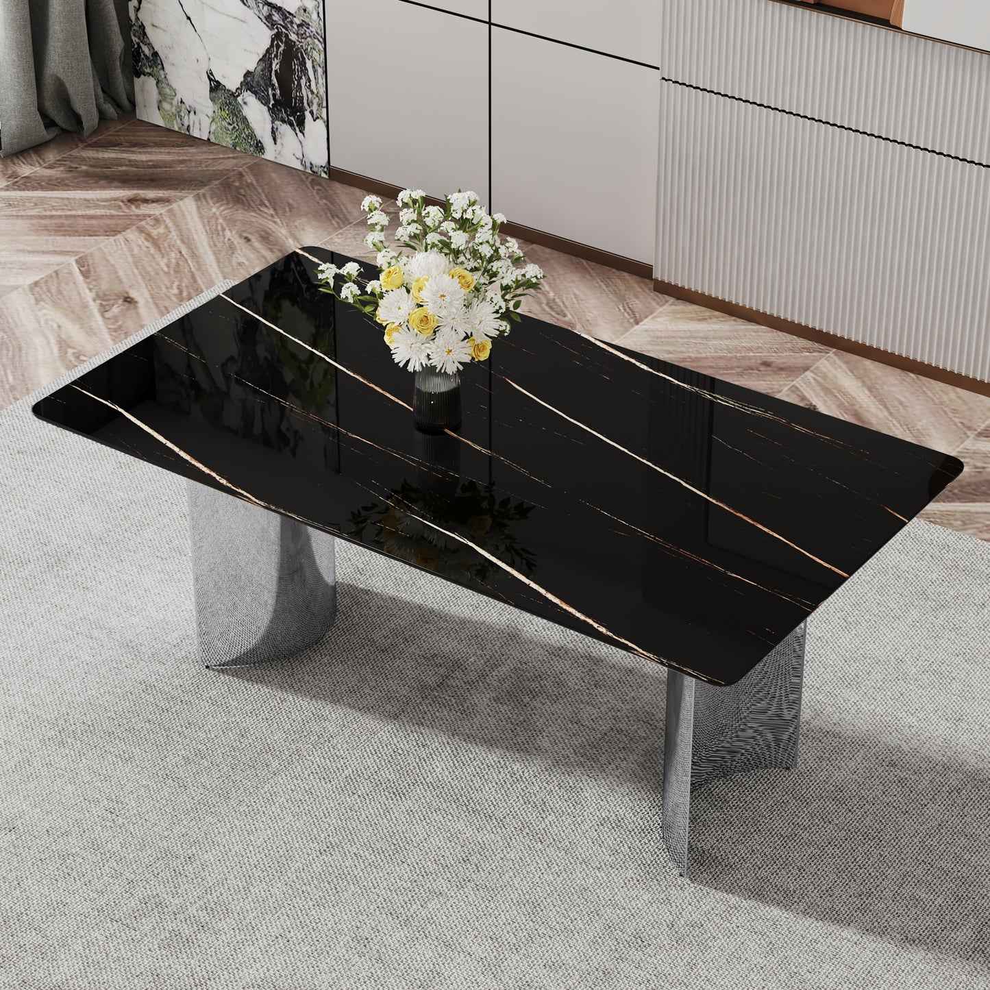 Modern minimalist dining table. The black imitation marble glass desktop is equipped with silver metal legs. Suitable for restaurants and living rooms 71 "* 39.3" * 29.5 "DT-69 image 1