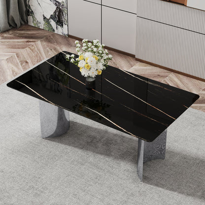 Modern minimalist dining table. The black imitation marble glass desktop is equipped with silver metal legs. Suitable for restaurants and living rooms 71 "* 39.3" * 29.5 "DT-69 image 1
