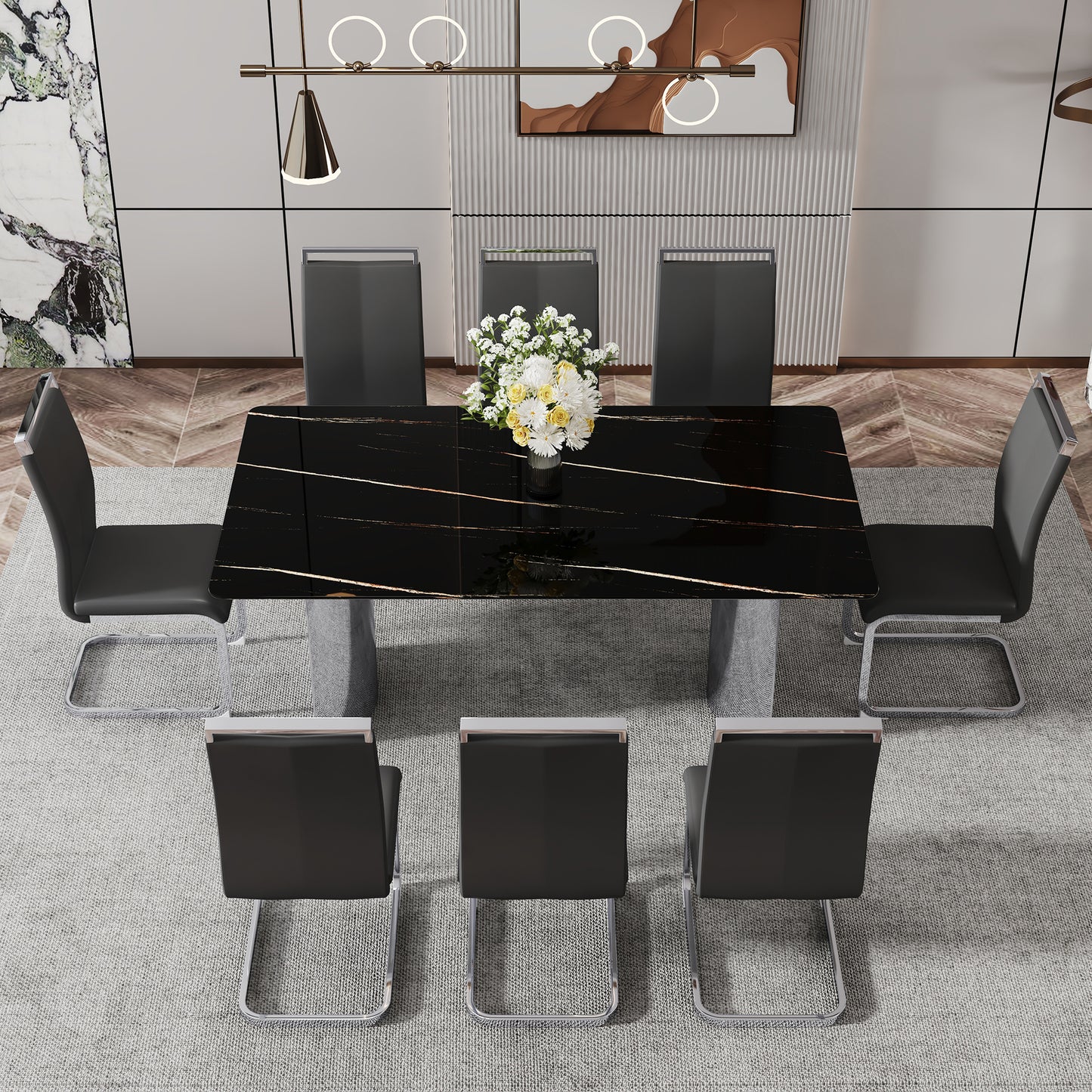 Modern minimalist dining table. The black imitation marble glass desktop is equipped with silver metal legs. Suitable for restaurants and living rooms 71 "* 39.3" * 29.5 "DT-69 image 5