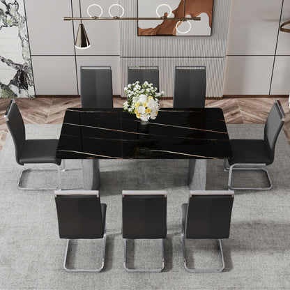 Modern minimalist dining table. The black imitation marble glass desktop is equipped with silver metal legs. Suitable for restaurants and living rooms 71 "* 39.3" * 29.5 "DT-69 image 5