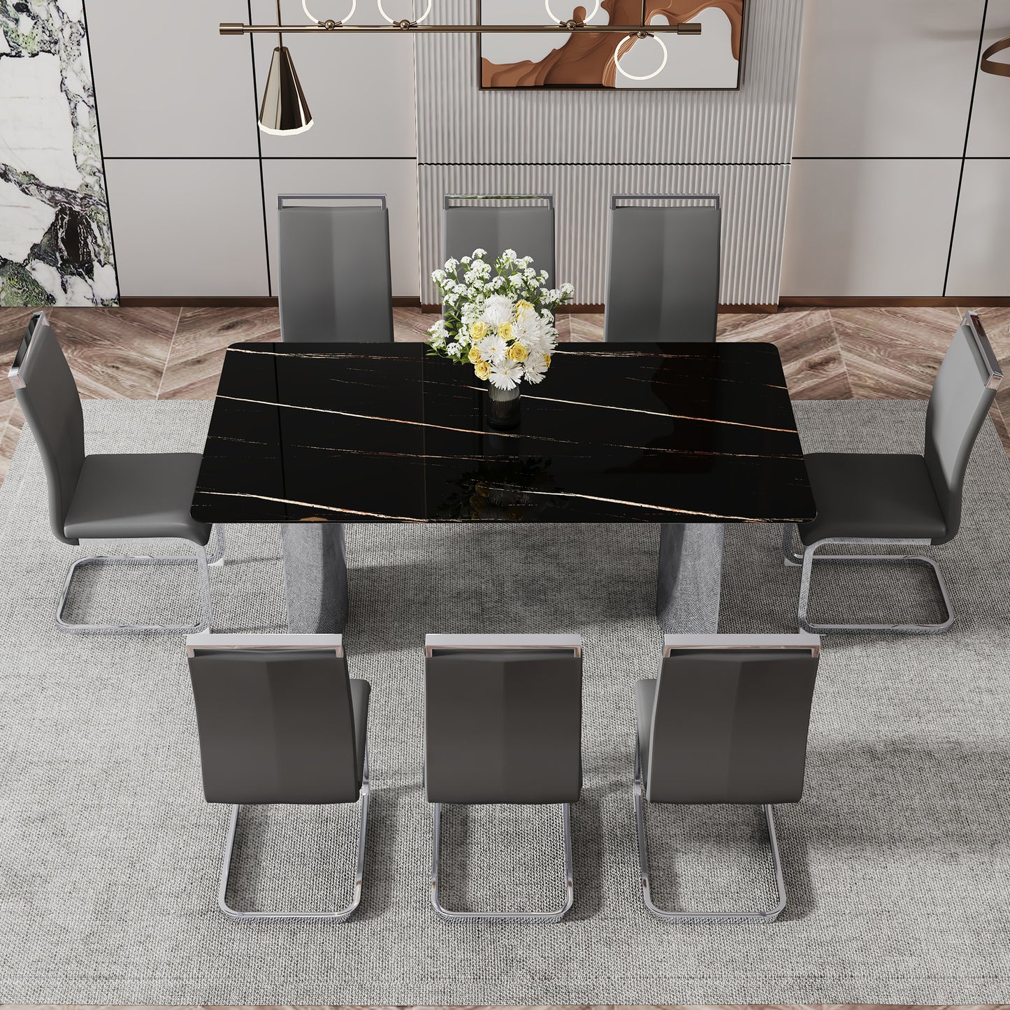 Modern minimalist dining table. The black imitation marble glass desktop is equipped with silver metal legs. Suitable for restaurants and living rooms 71 "* 39.3" * 29.5 "DT-69 image 10