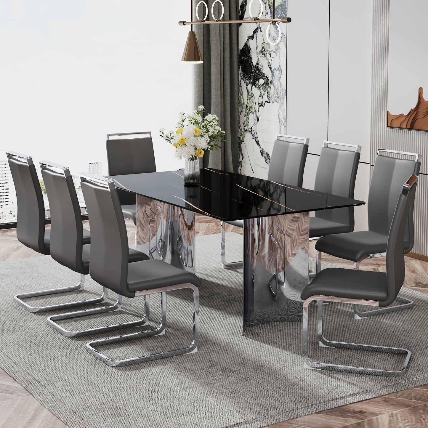 Modern minimalist dining table. The black imitation marble glass desktop is equipped with silver metal legs. Suitable for restaurants and living rooms 71 "* 39.3" * 29.5 "DT-69 image 12