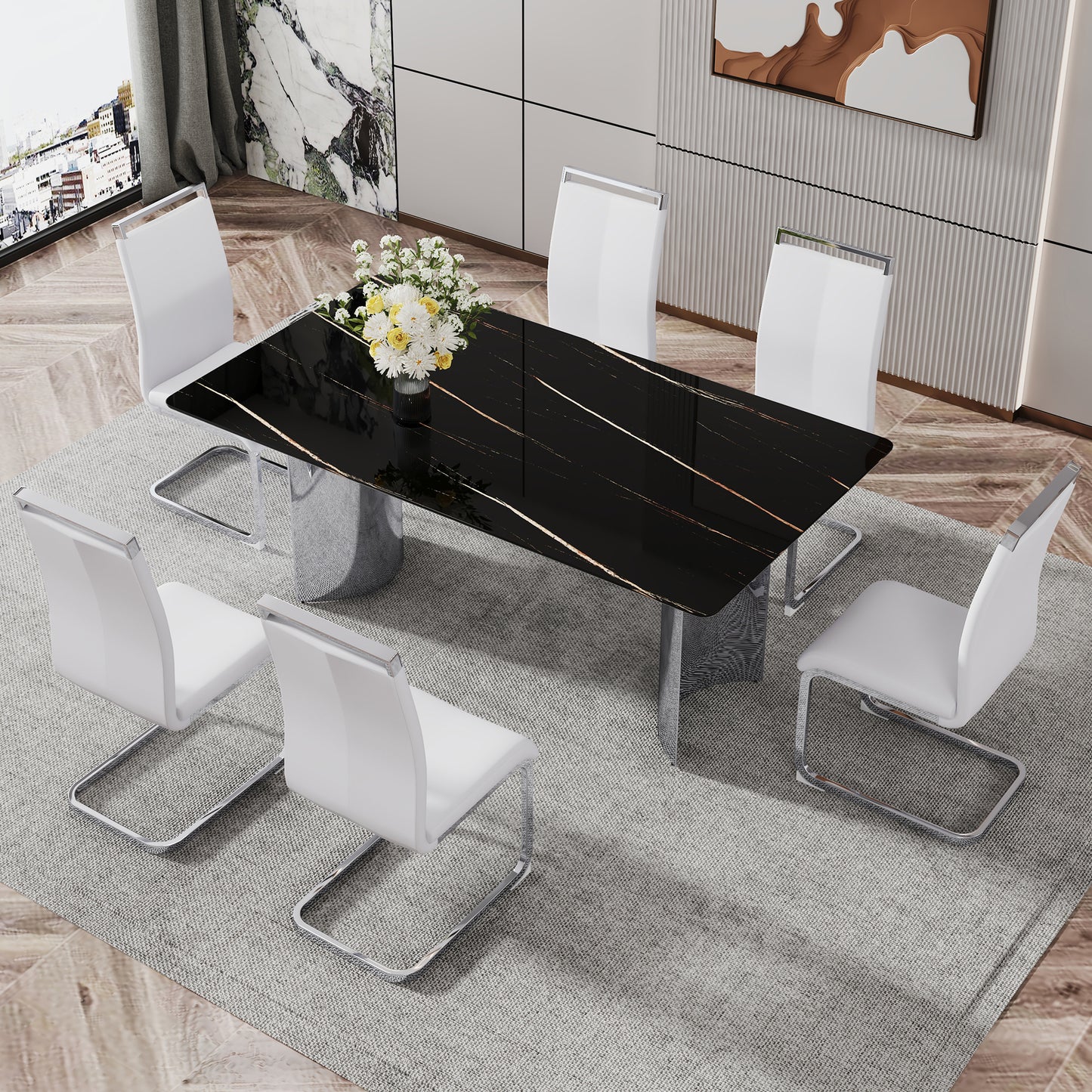 Modern minimalist dining table. The black imitation marble glass desktop is equipped with silver metal legs. Suitable for restaurants and living rooms 71 "* 39.3" * 29.5 "DT-69 image 9