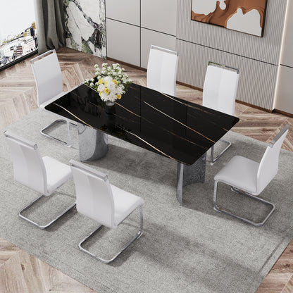 Modern minimalist dining table. The black imitation marble glass desktop is equipped with silver metal legs. Suitable for restaurants and living rooms 71 "* 39.3" * 29.5 "DT-69 image 9