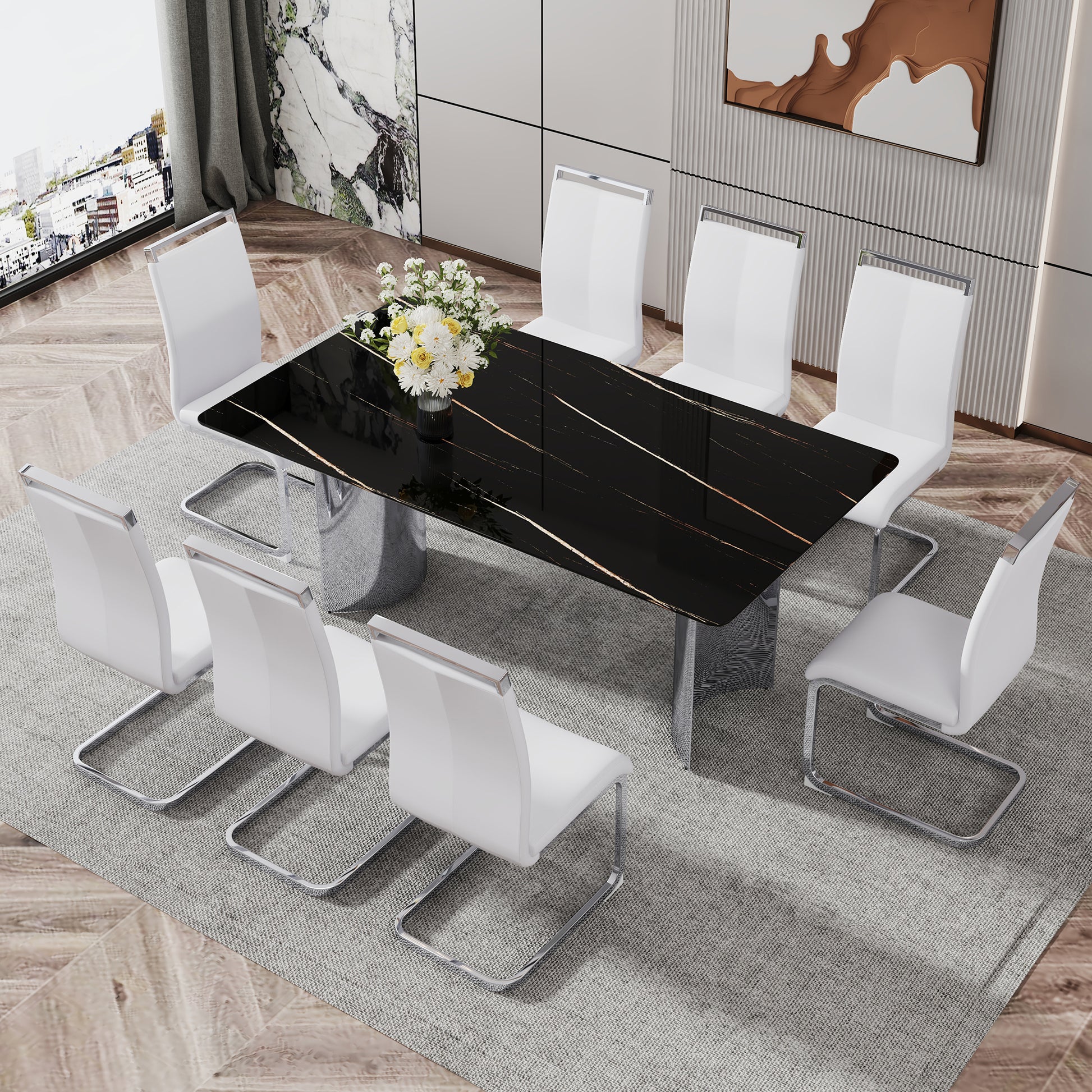 Modern minimalist dining table. The black imitation marble glass desktop is equipped with silver metal legs. Suitable for restaurants and living rooms 71 "* 39.3" * 29.5 "DT-69 image 8
