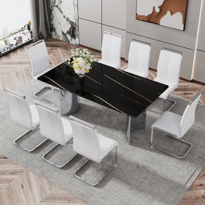 Modern minimalist dining table. The black imitation marble glass desktop is equipped with silver metal legs. Suitable for restaurants and living rooms 71 "* 39.3" * 29.5 "DT-69 image 8