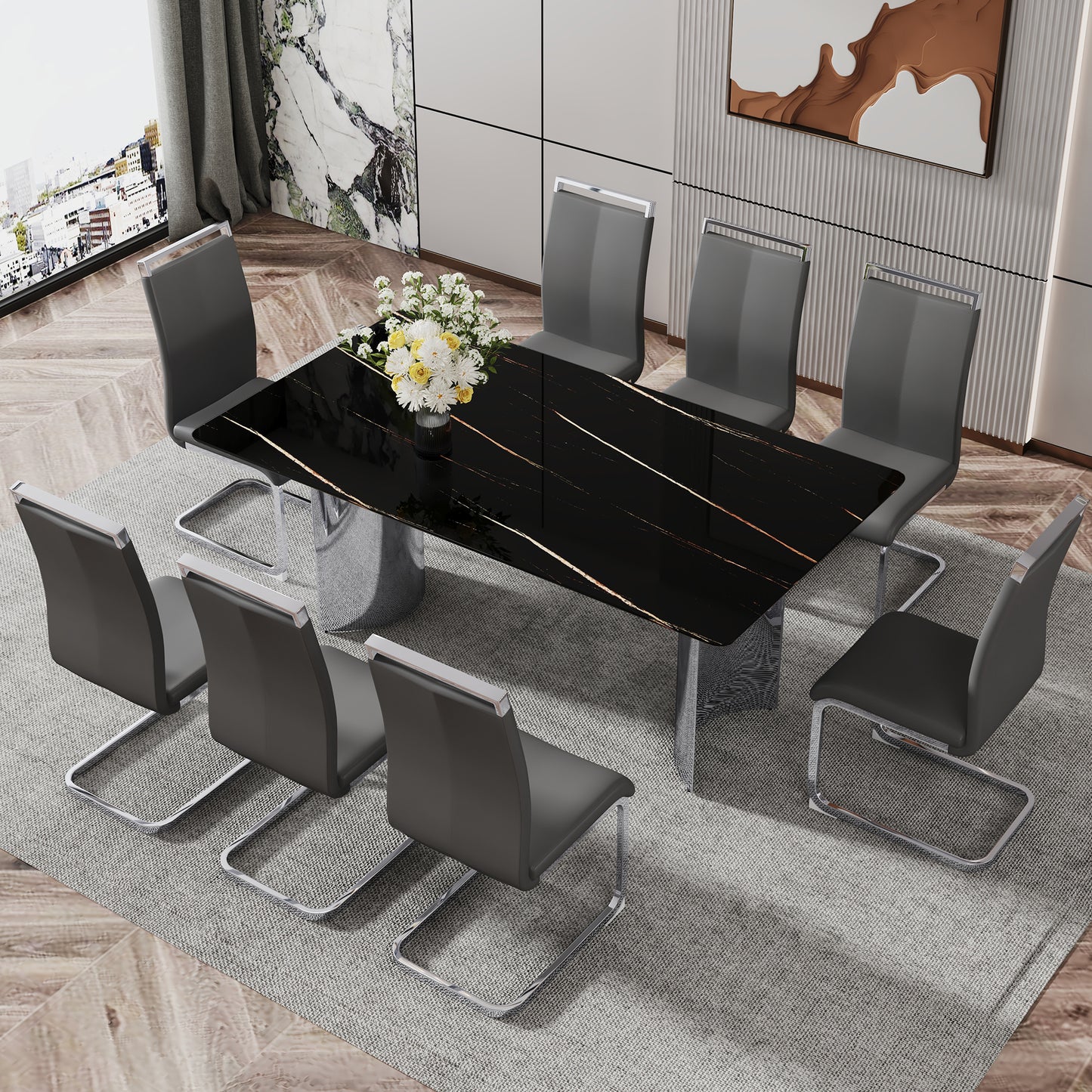Modern minimalist dining table. The black imitation marble glass desktop is equipped with silver metal legs. Suitable for restaurants and living rooms 71 "* 39.3" * 29.5 "DT-69 image 11