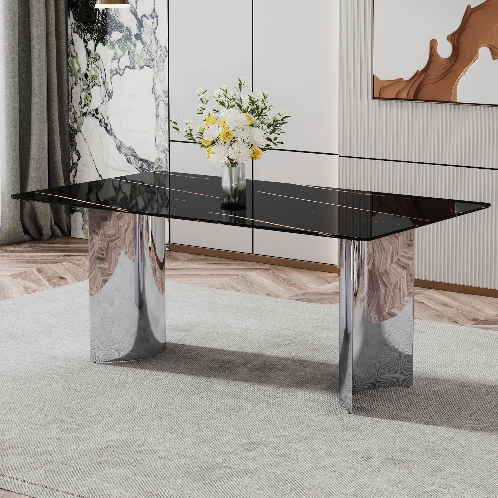 Modern minimalist dining table. The black imitation marble glass desktop is equipped with silver metal legs. Suitable for restaurants and living rooms 71 "* 39.3" * 29.5 "DT-69 image 2