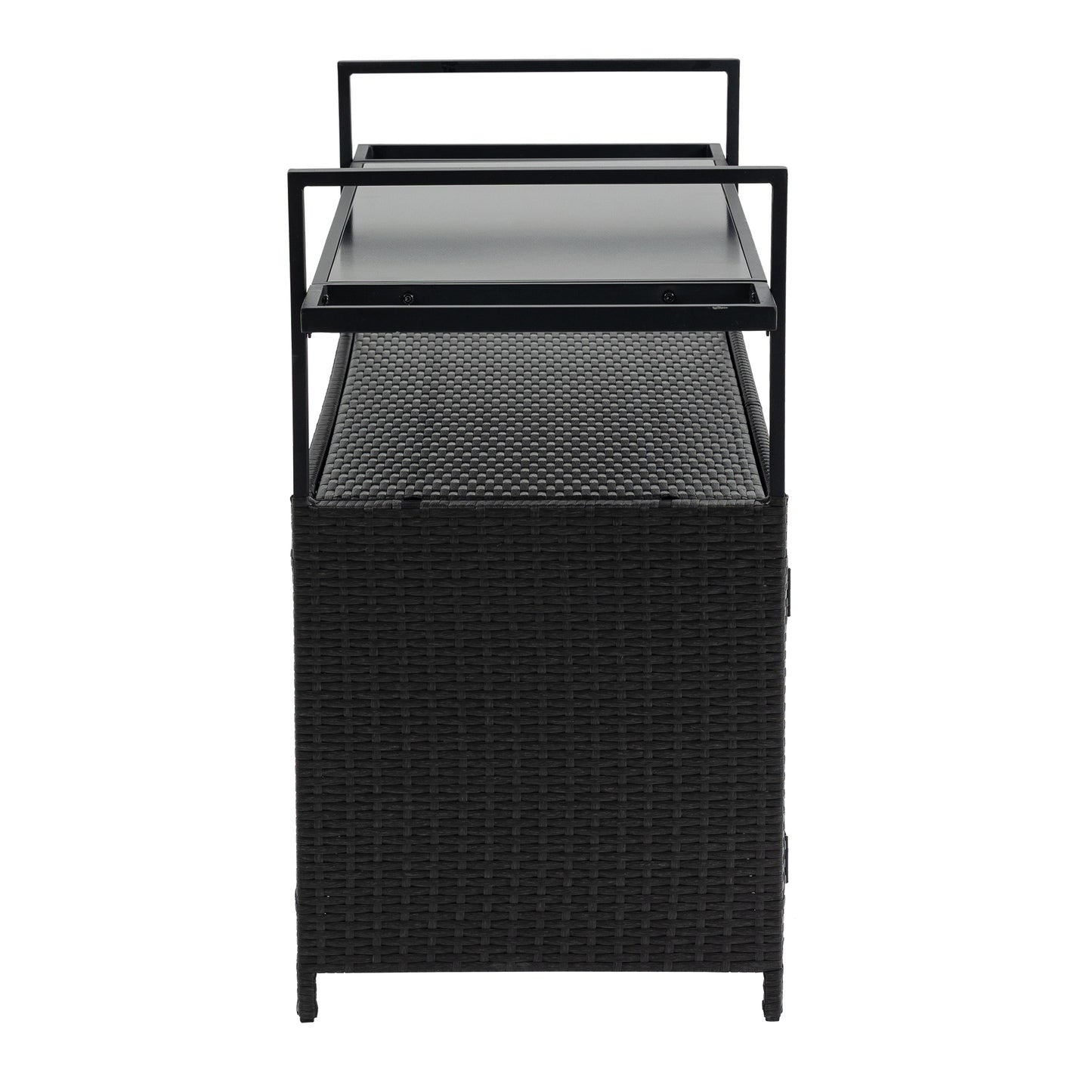 Outdoor Wicker Bar Cart, Patio Wine Serving Cart w/Wheels, Rolling Rattan Beverage Bar Counter Table w/Glass Top for Porch Backyard Garden Poolside Party, Black image 4