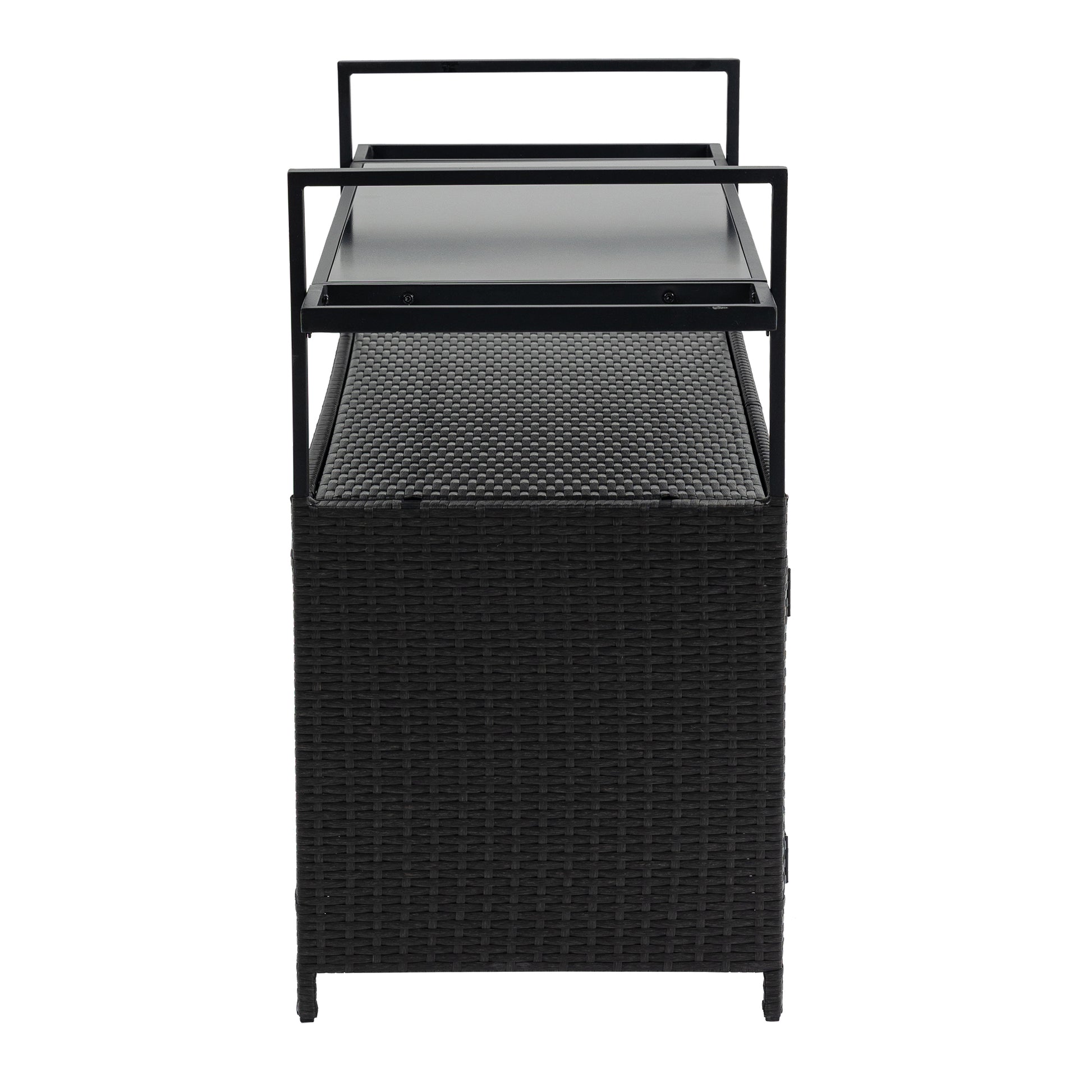 Outdoor Wicker Bar Cart, Patio Wine Serving Cart w/Wheels, Rolling Rattan Beverage Bar Counter Table w/Glass Top for Porch Backyard Garden Poolside Party, Black image 4