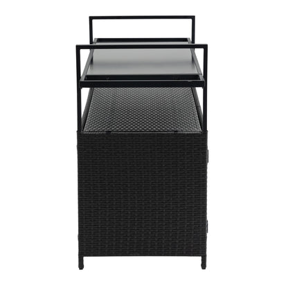 Outdoor Wicker Bar Cart, Patio Wine Serving Cart w/Wheels, Rolling Rattan Beverage Bar Counter Table w/Glass Top for Porch Backyard Garden Poolside Party, Black image 4