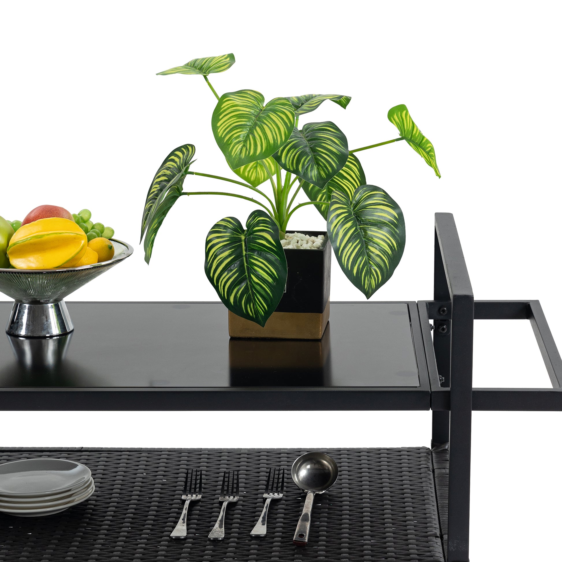 Outdoor Wicker Bar Cart, Patio Wine Serving Cart w/Wheels, Rolling Rattan Beverage Bar Counter Table w/Glass Top for Porch Backyard Garden Poolside Party, Black image 11