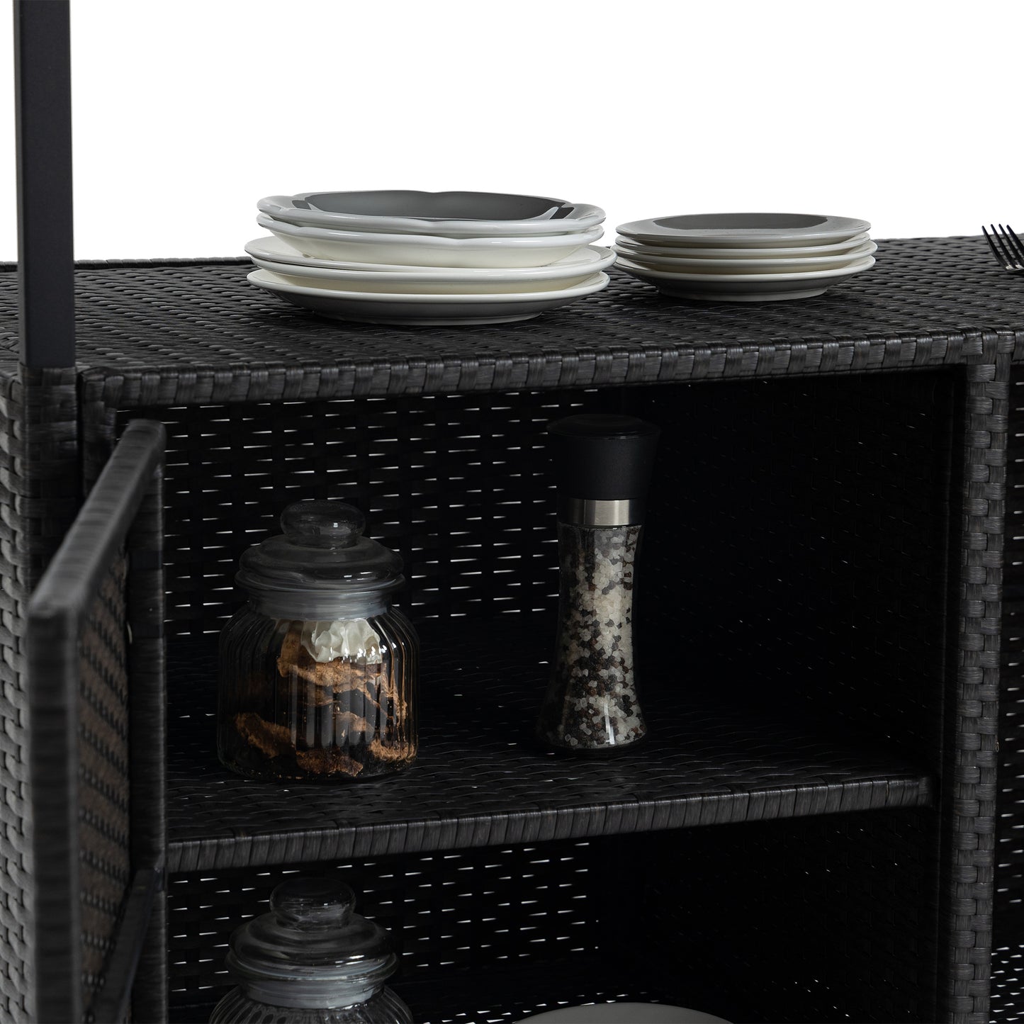 Outdoor Wicker Bar Cart, Patio Wine Serving Cart w/Wheels, Rolling Rattan Beverage Bar Counter Table w/Glass Top for Porch Backyard Garden Poolside Party, Black image 9