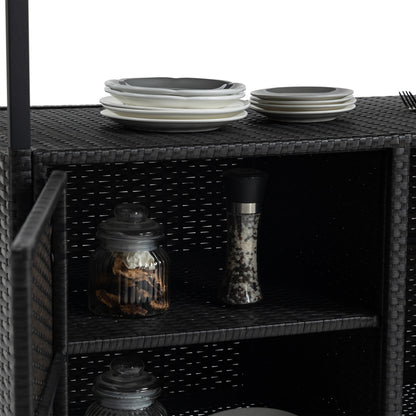 Outdoor Wicker Bar Cart, Patio Wine Serving Cart w/Wheels, Rolling Rattan Beverage Bar Counter Table w/Glass Top for Porch Backyard Garden Poolside Party, Black image 9