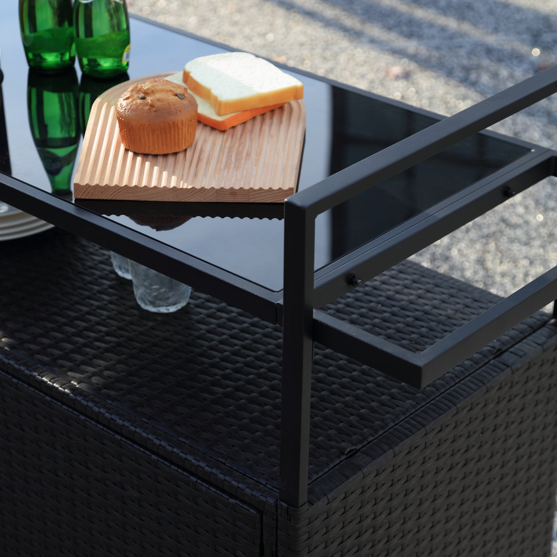 Outdoor Wicker Bar Cart, Patio Wine Serving Cart w/Wheels, Rolling Rattan Beverage Bar Counter Table w/Glass Top for Porch Backyard Garden Poolside Party, Black image 5