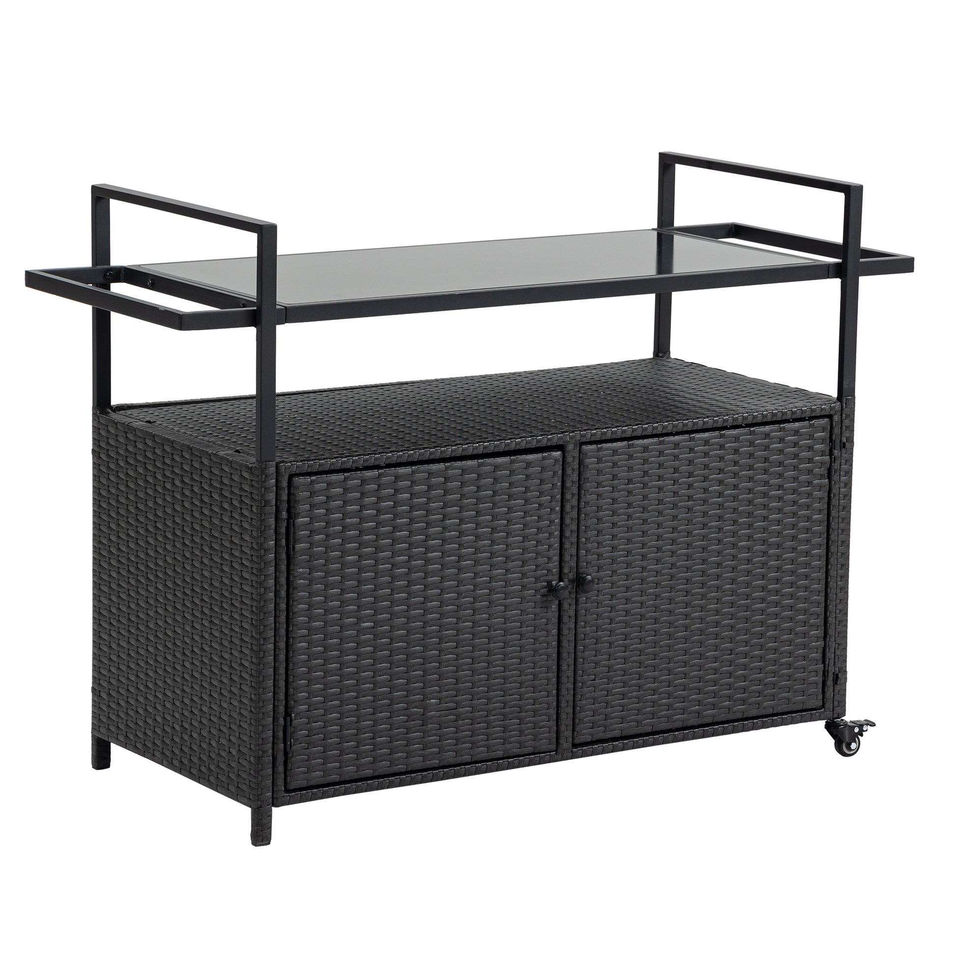 Outdoor Wicker Bar Cart, Patio Wine Serving Cart w/Wheels, Rolling Rattan Beverage Bar Counter Table w/Glass Top for Porch Backyard Garden Poolside Party, Black image 3