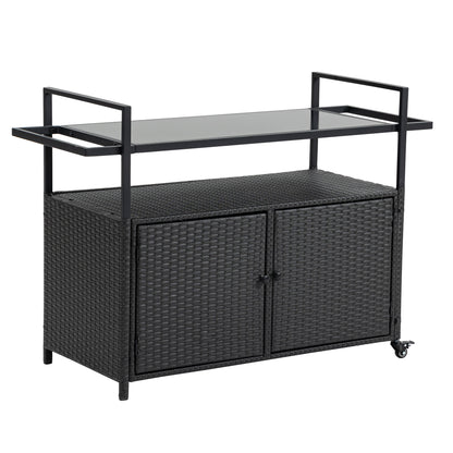 Outdoor Wicker Bar Cart, Patio Wine Serving Cart w/Wheels, Rolling Rattan Beverage Bar Counter Table w/Glass Top for Porch Backyard Garden Poolside Party, Black image 3