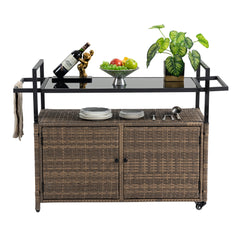 Outdoor Wicker Bar Cart, Patio Wine Serving Cart w/Wheels, Rolling Rattan Beverage Bar Counter Table w/Glass Top for Porch Backyard Garden Poolside Party, Black