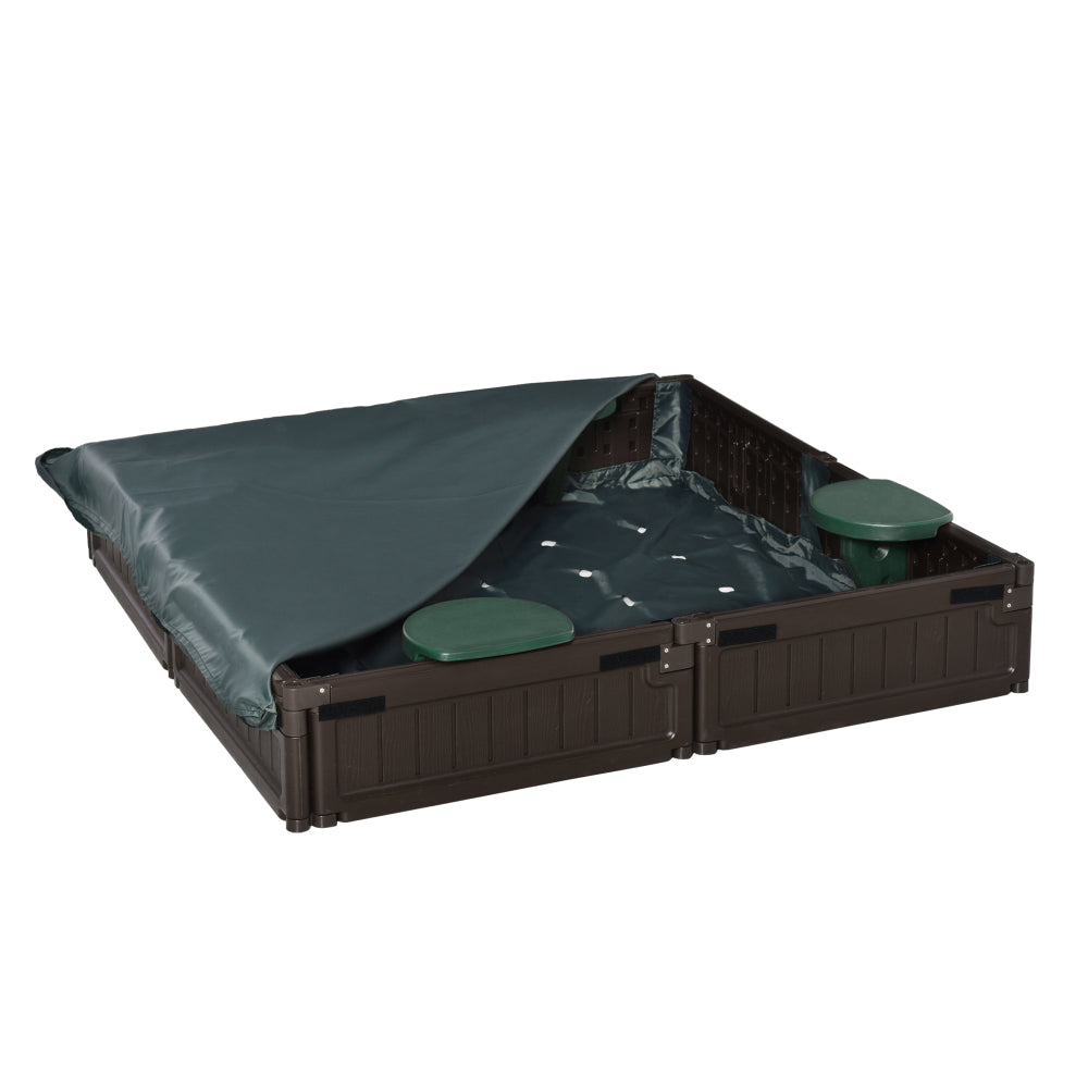 Kids Outdoor Sandbox with Cover Garden Bed, Easy Assembly Children's Play Station for Backyard, Brown, 48.5" x 48.5" x 8.25"