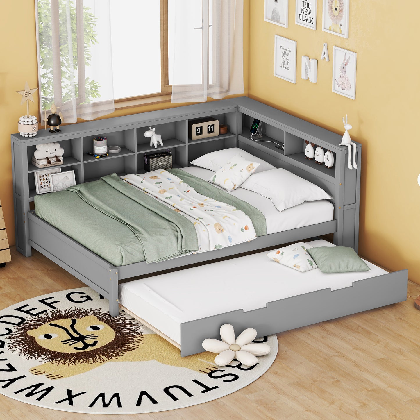 Wooden Full Size DayBed with Twin Size Trundle, DayBed with Storage Shelf and USB Charging Ports,Grey(Old SKU: HL000075AAE) image 6