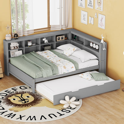 Wooden Full Size DayBed with Twin Size Trundle, DayBed with Storage Shelf and USB Charging Ports,Grey(Old SKU: HL000075AAE) image 6