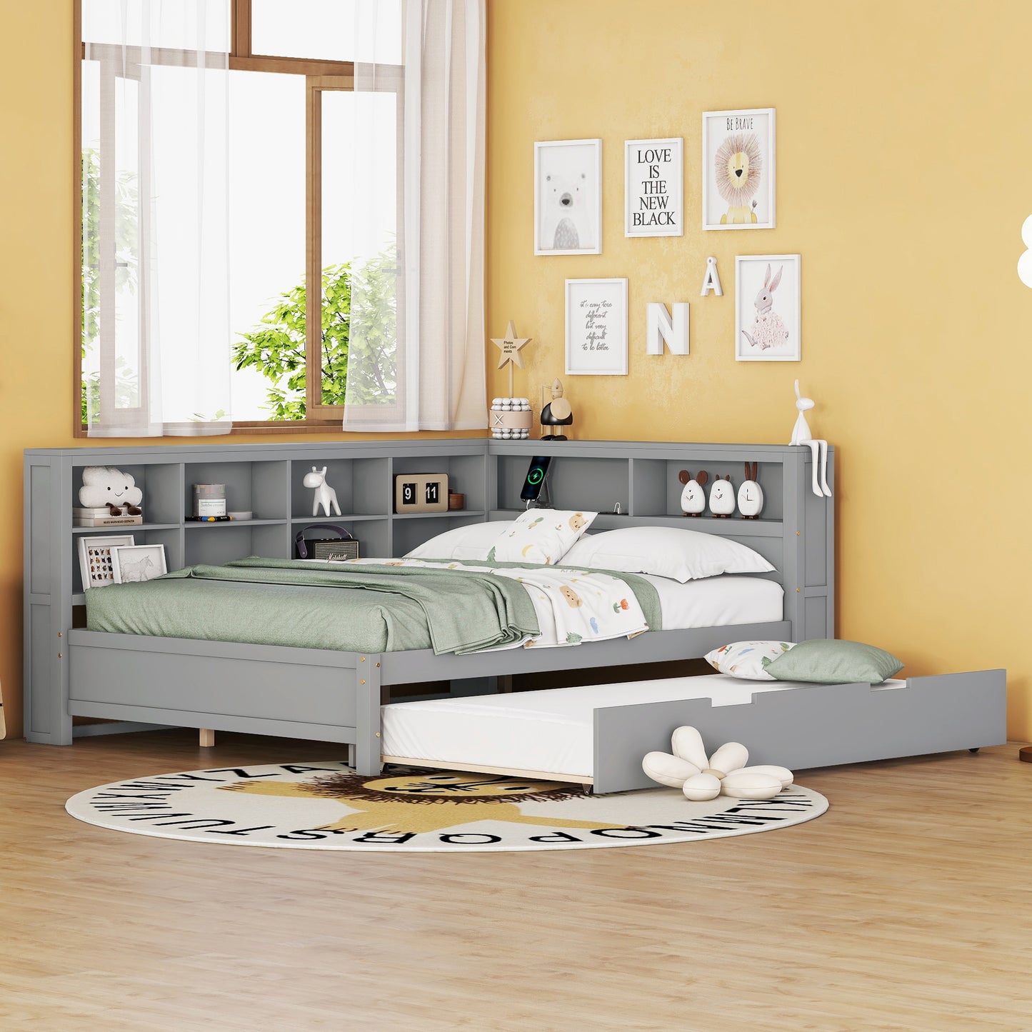 Wooden Full Size DayBed with Twin Size Trundle, DayBed with Storage Shelf and USB Charging Ports,Grey(Old SKU: HL000075AAE) image 8