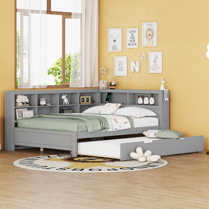 Wooden Full Size DayBed with Twin Size Trundle, DayBed with Storage Shelf and USB Charging Ports,Grey(Old SKU: HL000075AAE) image 8