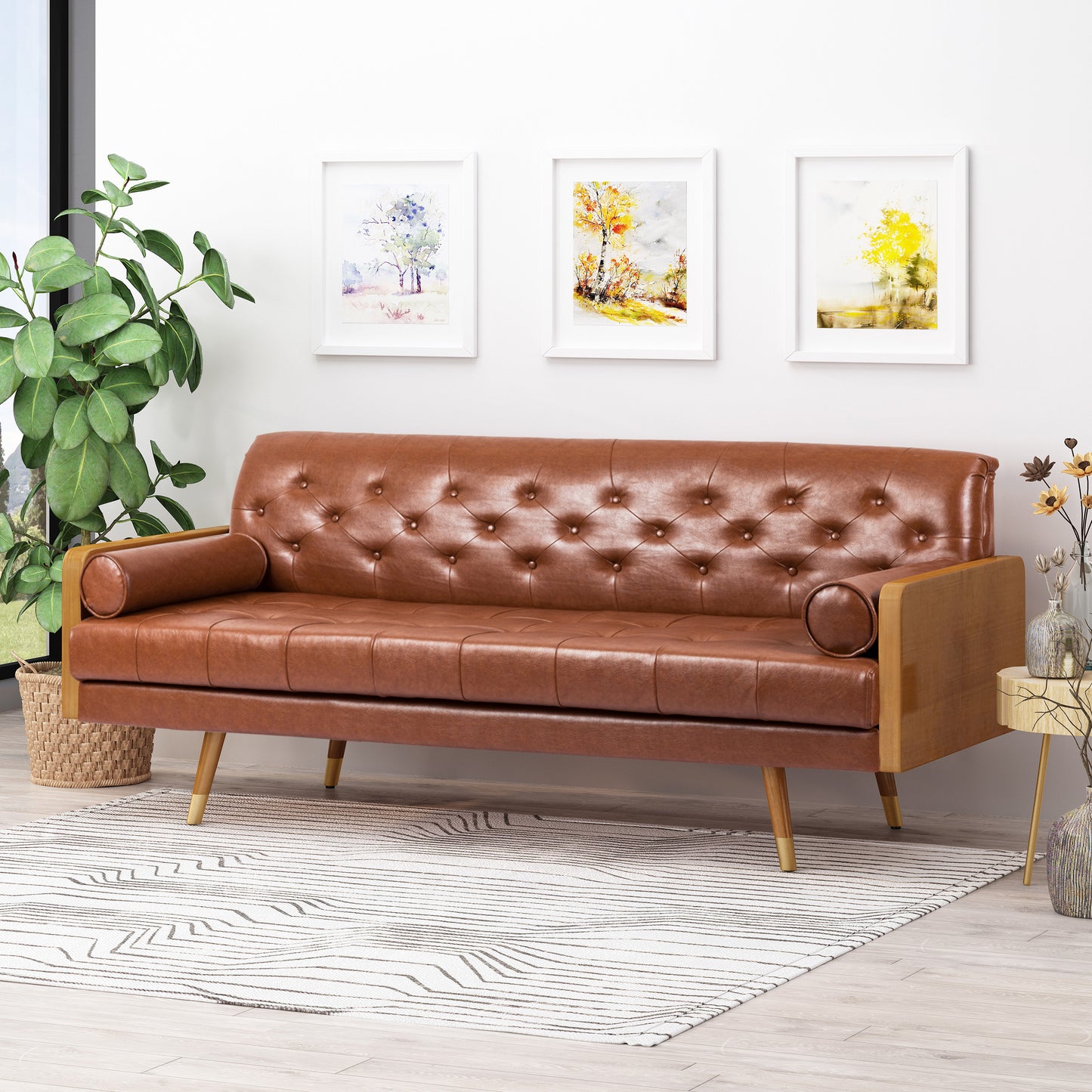 Adelaide Mid-Century Modern Tufted Sofa with Rolled Accent Pillows image 2