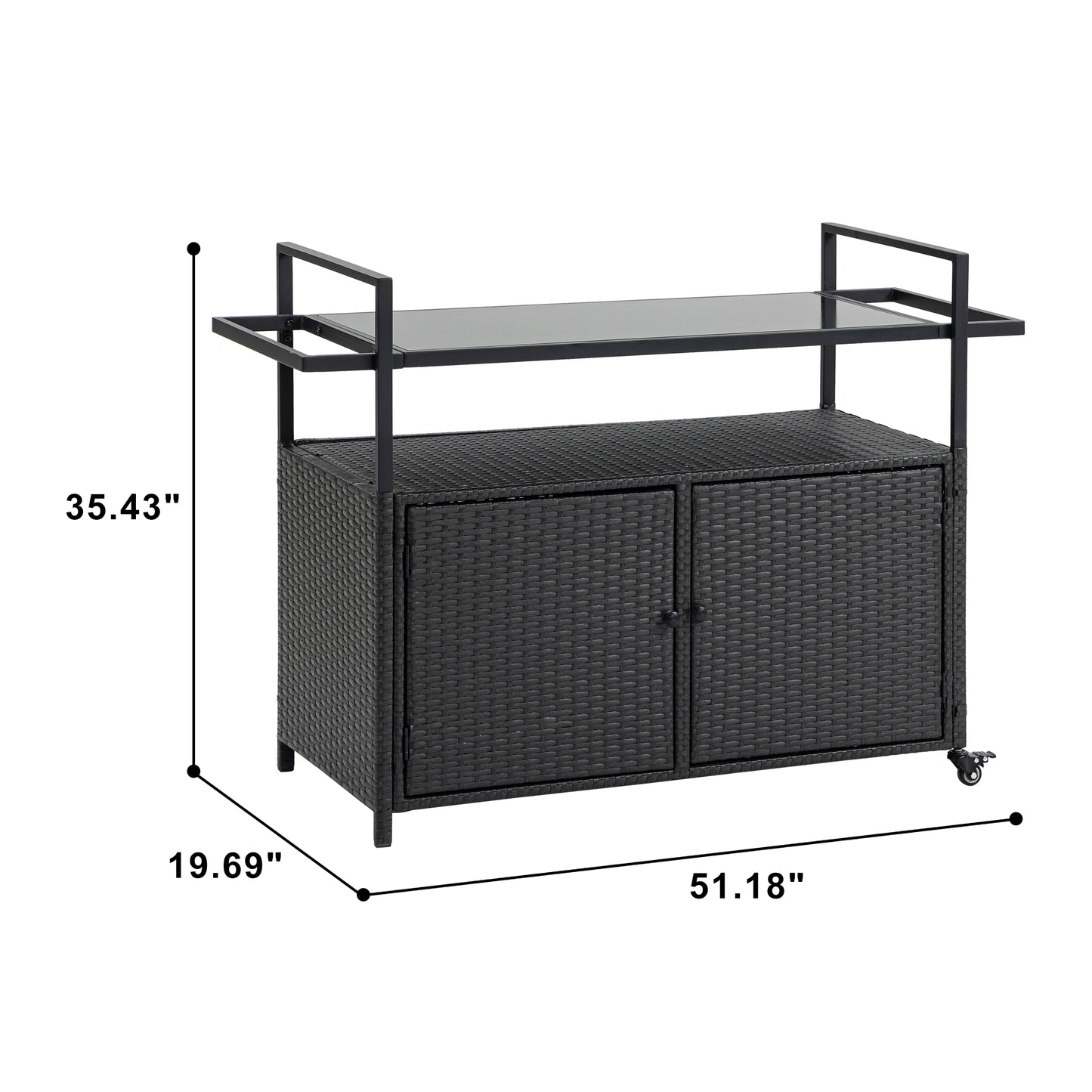Outdoor Wicker Bar Cart, Patio Wine Serving Cart w/Wheels, Rolling Rattan Beverage Bar Counter Table w/Glass Top for Porch Backyard Garden Poolside Party, Black image 2
