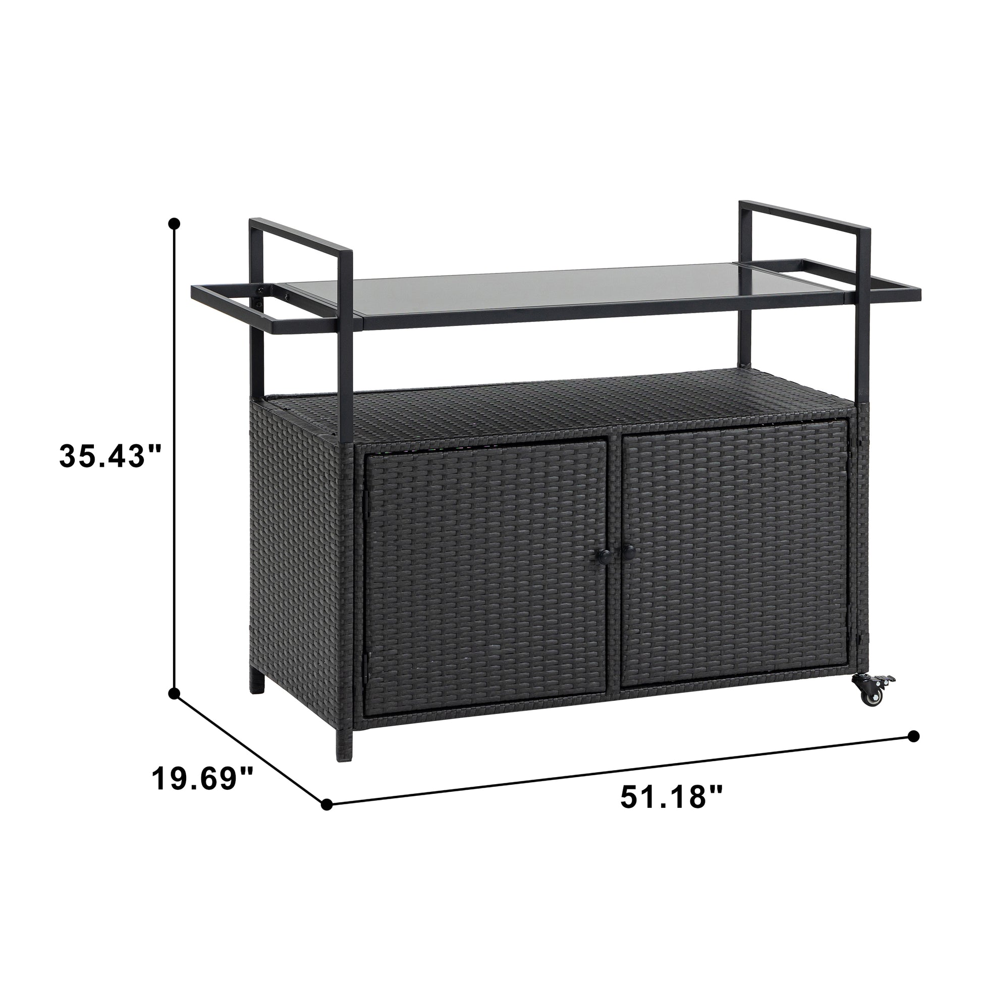 Outdoor Wicker Bar Cart, Patio Wine Serving Cart w/Wheels, Rolling Rattan Beverage Bar Counter Table w/Glass Top for Porch Backyard Garden Poolside Party, Black image 2