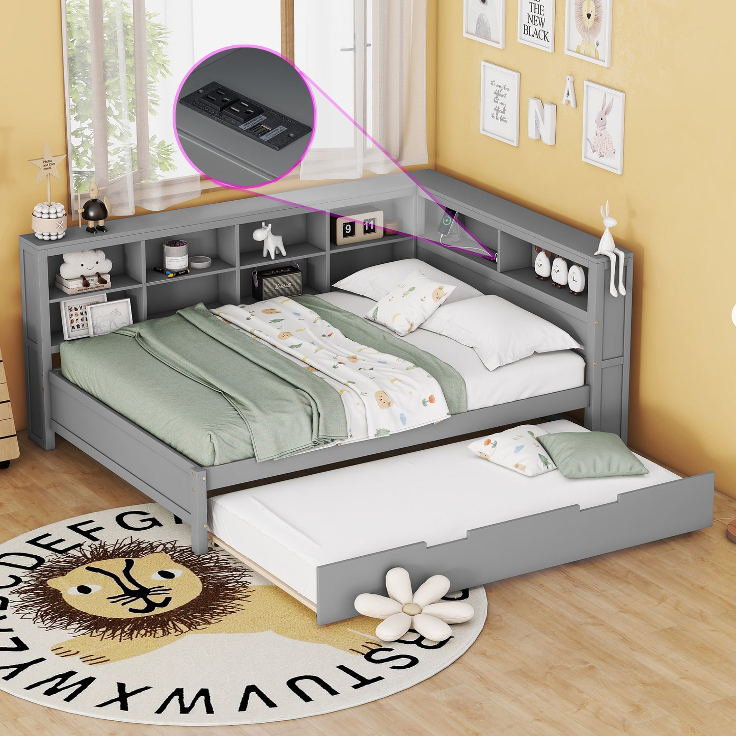 Wooden Full Size DayBed with Twin Size Trundle, DayBed with Storage Shelf and USB Charging Ports,Grey(Old SKU: HL000075AAE) image 1