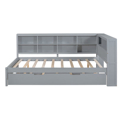 Wooden Full Size DayBed with Twin Size Trundle, DayBed with Storage Shelf and USB Charging Ports,Grey(Old SKU: HL000075AAE) image 11