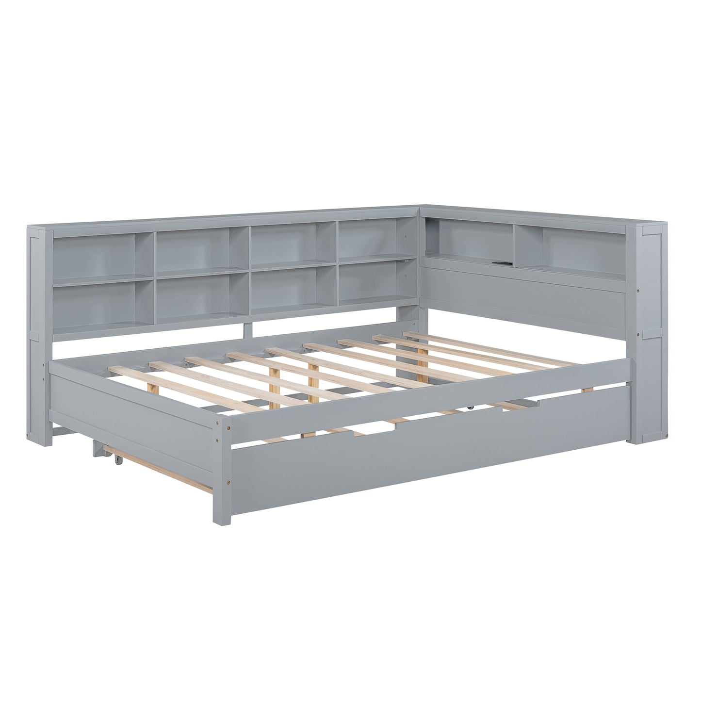 Wooden Full Size DayBed with Twin Size Trundle, DayBed with Storage Shelf and USB Charging Ports,Grey(Old SKU: HL000075AAE) image 10