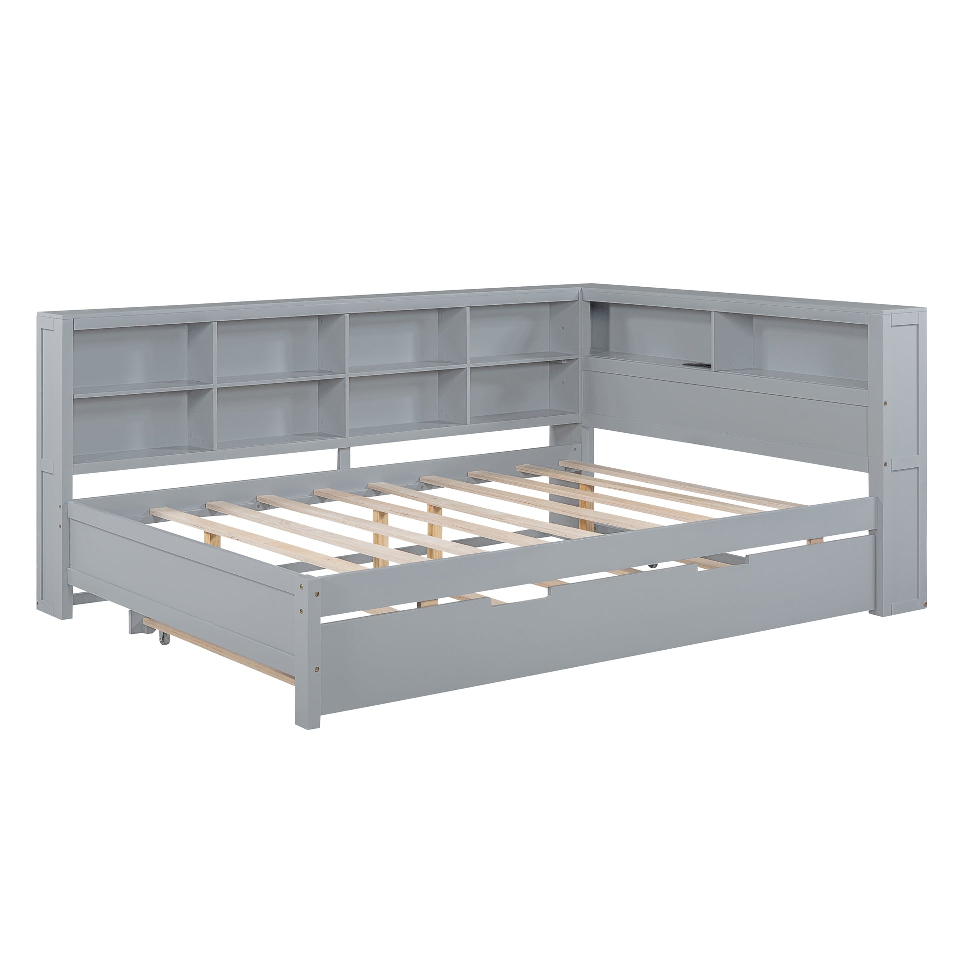 Wooden Full Size DayBed with Twin Size Trundle, DayBed with Storage Shelf and USB Charging Ports,Grey(Old SKU: HL000075AAE) image 10