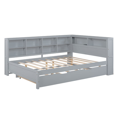Wooden Full Size DayBed with Twin Size Trundle, DayBed with Storage Shelf and USB Charging Ports,Grey(Old SKU: HL000075AAE) image 10